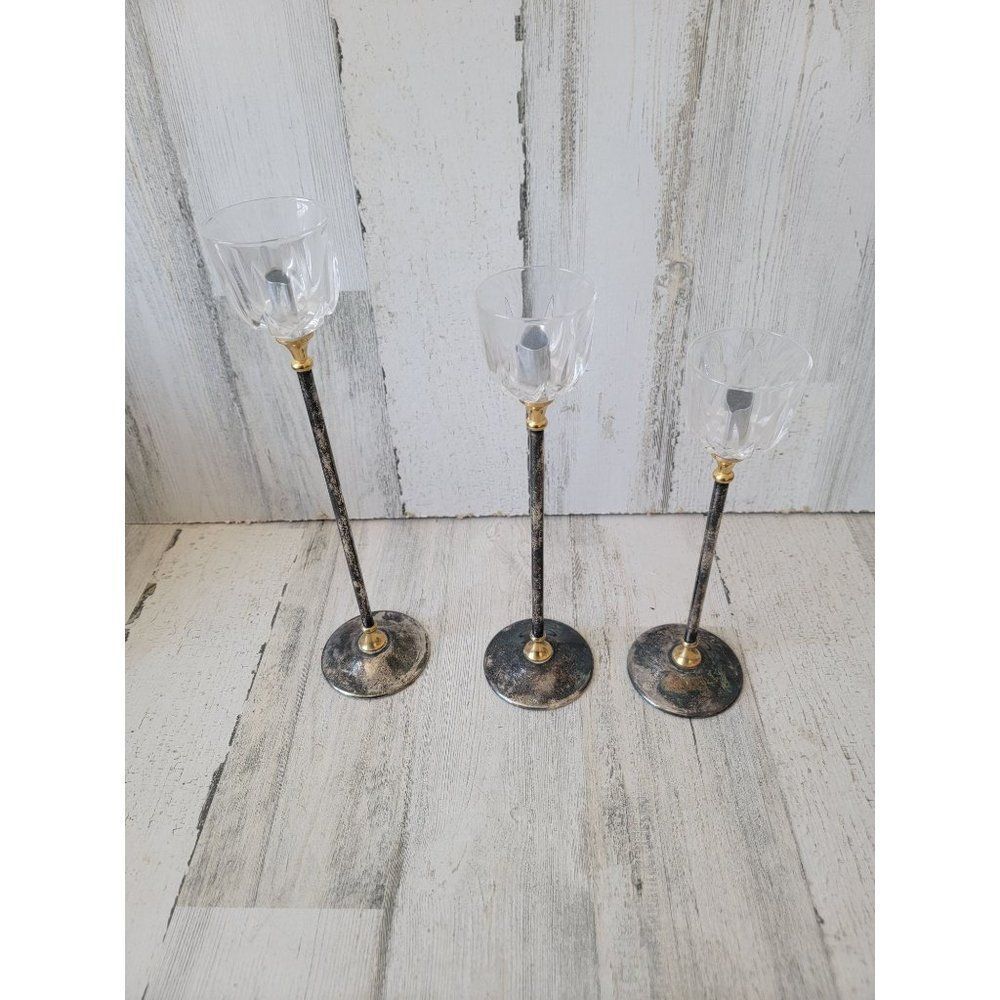 Landes crystal Italy brass candle holder set home decor - Picture 1 of 10